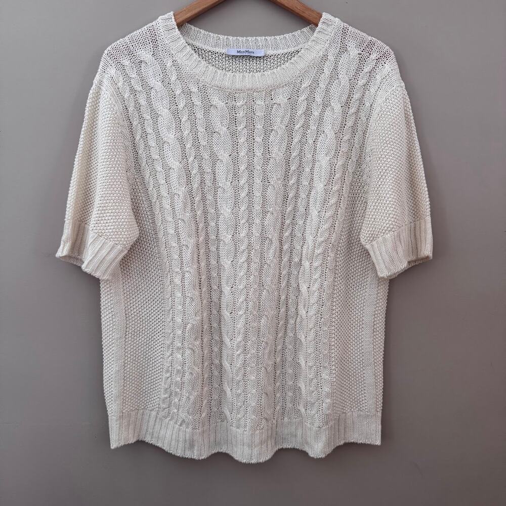 Max Mara Orosei Cable Flax Sweater Short Sleeve Cable Knit Cream $349 - Picture 2 of 7